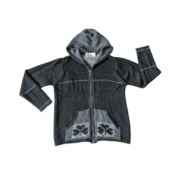 Aran Crafts Hoddie Sweater Full Zip Womens L Black-Gray Merino Wool Shamrock - Picture 1 of 9